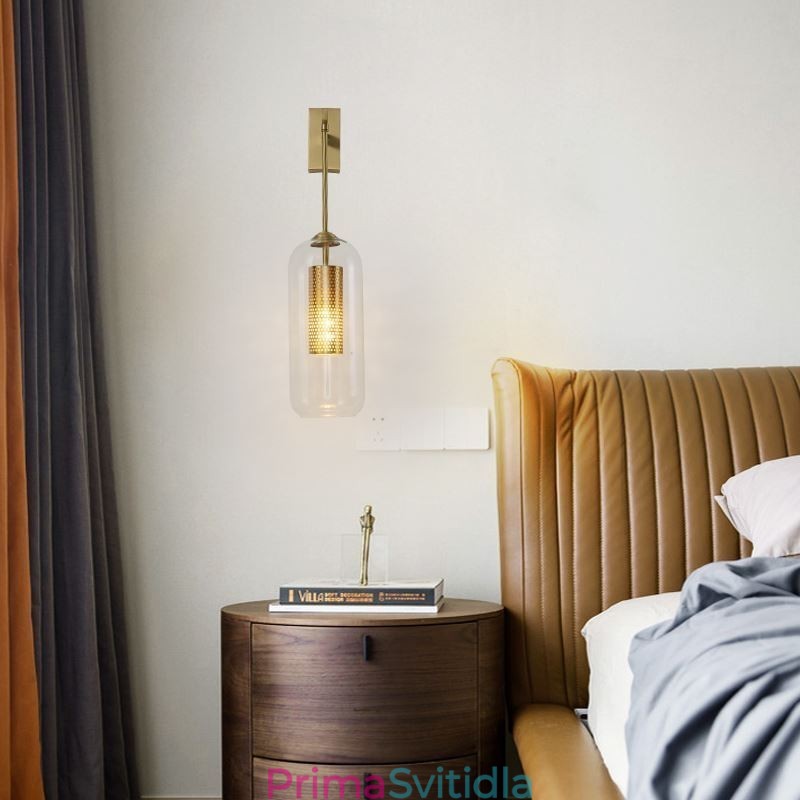 Nástěnná lampa ze severské mosazi, vnitřní dutý válec, skleněné stínidlo