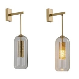 Nástěnná lampa ze severské mosazi, vnitřní dutý válec, skleněné stínidlo
