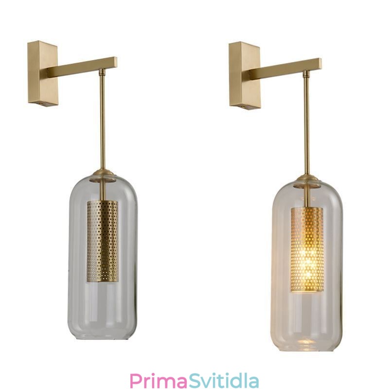 Nástěnná lampa ze severské mosazi, vnitřní dutý válec, skleněné stínidlo