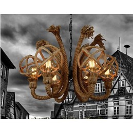 Vintage Iron Art Konopné lano Americký venkovský lustr